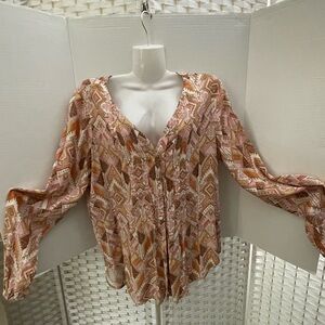 Orange and Pink Graphic Tie Front Blouse